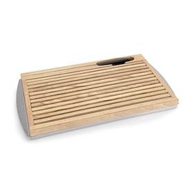 Brotschneidebrett Holz • mit Krümelschale | Messer | 480 mm x 255 mm H 35 mm Produktbild