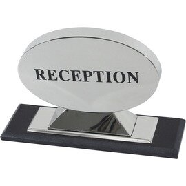 Info Schild  "Reception", Chrom-Nickel-Stahl, beidseitig beschriftet, hochwertige Ausführung, schwerer Marmorfuß, Schild  24 x 17 cm, Fuß  31 x 10 cm Produktbild 0 L