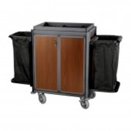 Zimmerservicewagen ISABELLA abschließbar schwarze Kantenprofile | dunkle Holzoptik | 2 Wäschesäcke Produktbild