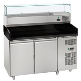Pizzakühltisch, 2 Türen gekühlt, mit Kühlaufsatz für 6 x 1/4 GN, Umluftkühlung, Maße: B 1400 x T 700 x H 1390 mm Produktbild