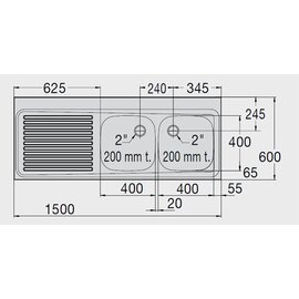 Spülabdeckung ZS 18x6-5 LI mit Abtropffläche rechts gerillt 2 Becken | 500 x 400 x 250 mm L 1800 mm B 600 mm Produktbild 1 S