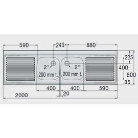 Spülabdeckung ZM 20x6-4 mit Abtropffläche links und rechts 2 Becken | 400 x 400 x 200 mm L 2000 mm B 600 mm Produktbild 1 S