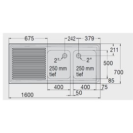 Spülabdeckung ZS 16x7 RE mit Abtropffläche links gerillt 2 Becken | 400 x 500 x 250 mm L 1600 mm B 700 mm Produktbild