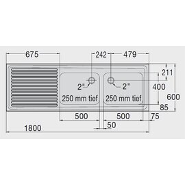 Spülabdeckung ZS 18x6-5 RE mit Abtropffläche links gerillt 2 Becken | 500 x 400 x 250 mm L 1800 mm B 600 mm Produktbild