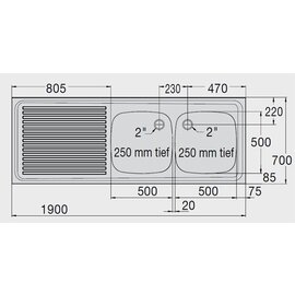 Spülabdeckung ZS 19x7 RE mit Abtropffläche links gerillt 2 Becken | 500 x 500 x 250 mm L 1900 mm B 700 mm Produktbild