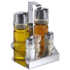 Menage • Essig | Öl | Salz | Pfeffer | Zahnstocher Glaseinsätze glatt Glas Edelstahl H 190 mm Produktbild