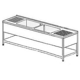 Gewerbe-Spültisch Standrohrventile mit Abtropffläche links und rechts 2 Becken | 600 x 500 x 300 mm mit Grundboden L 2100 mm B 700 mm Produktbild