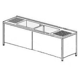 Gewerbe-Spültisch Abtropffläche links und rechts | 2 Becken 500 x 500 x 300 mm | Grundboden | Flügeltüren | 2200 mm x 700 mm Produktbild