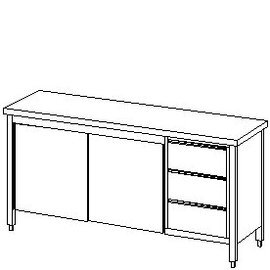 Arbeitsschrank mit Flügeltüren | 3-er Schubladenblock rechts | Aufkantung hinten 40 mm | 1000 mm x 600 mm  H 850 mm Produktbild