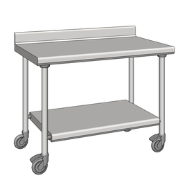 Arbeitstisch Edelstahl fahrbar mit Grundboden Aufkantung 100 mm hinten 700 mm x 1200 mm H 900 mm Produktbild