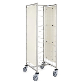 Tablettwagen für 24 Tabletts à 400 - 480 mm | Längseinschub | Seitenverkleidung | Rollenausführung Polyamid Produktbild