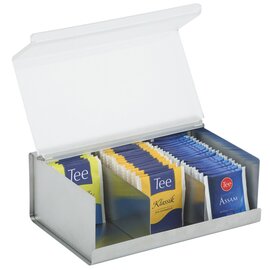 Teebox, Edelstahl mattiert, 3 Fächer für kuvertierte Teebeutel, Acryldeckel, aufklappbar, ca. Ø 22 x 15 x H 8,5 cm Produktbild