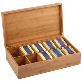 Teebox "BUFFET", Holzbox aus Bambus mit Aufschrift "Tee", 10 Kammern für ca. 150 kuvertierte Teebeutel, Deckel bleibt im 90°C-Winkel offen stehen, 4 Anti-Rutschfüßchen, 42 x 24x H 11 cm Produktbild