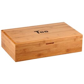 Teebox "BUFFET", Holzbox aus Bambus mit Aufschrift "Tee", 10 Kammern für ca. 150 kuvertierte Teebeutel, Deckel bleibt im 90°C-Winkel offen stehen, 4 Anti-Rutschfüßchen, 42 x 24x H 11 cm Produktbild 1 S