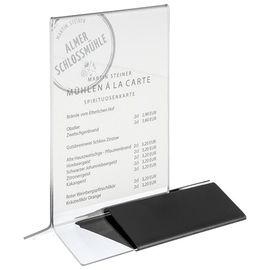Kartenhalter für DIN A4 Acryl mit schwarzem Edelstahlfuß 210 mm x 70 mm H 320 mm Produktbild