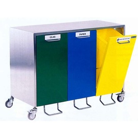 Wertstoffsammler vierfach Edelstahl gelb 4 x 50 ltr mit Fußpedal Produktbild