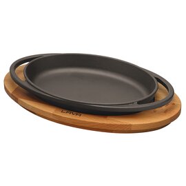 Ovalplatte mit Holzbrett  • Gusseisen emailliert schwarz | 210 mm  x 140 mm  H 25 mm Produktbild