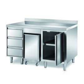 Schranktisch | 1500 mm x 700 mm H 870 mm mit Zutatenbehälter mit 3 Schubladen mit 1 Flügeltür | Aufkantung Produktbild